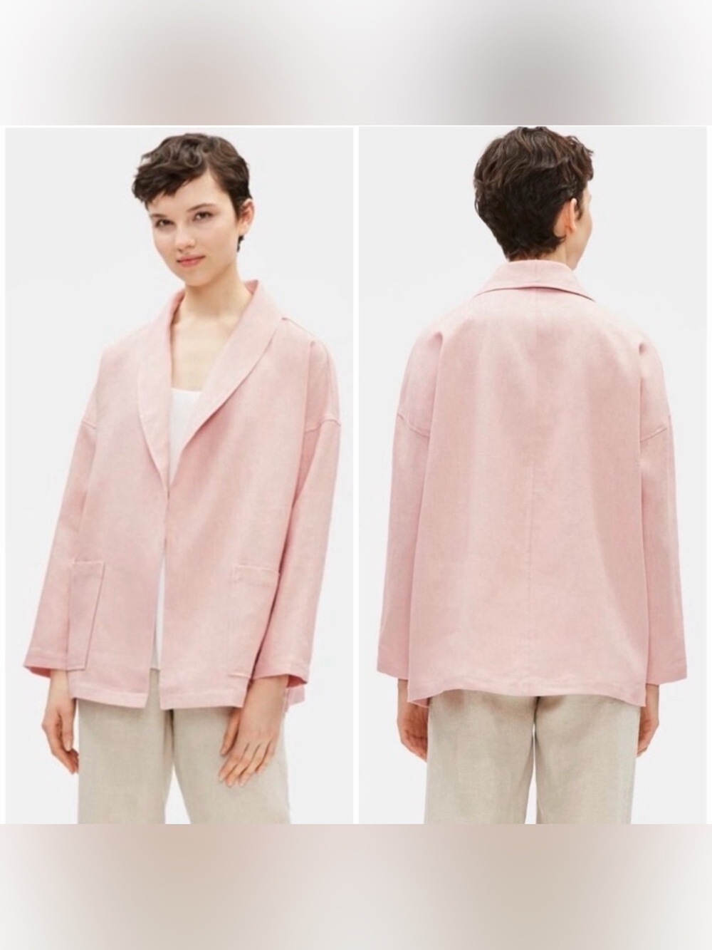 Eileen Fisher Organic Linen Cardigan Small Shawl Collar Open Front Pink Blazer